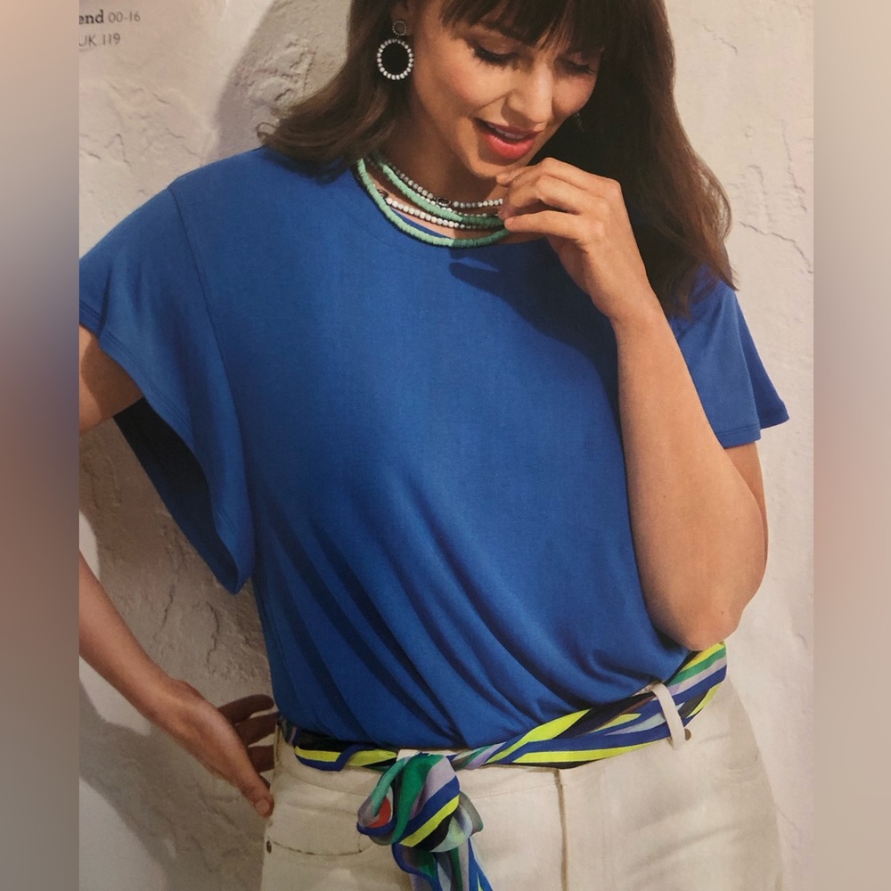 CAbi flutter tee. Beautiful vibrant blue. Never worn. Size small